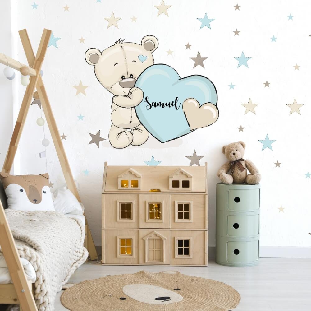 INSPIO modrá samolepka na zeď pro deti - Mentolový medvídek se jménem a srdíčkem