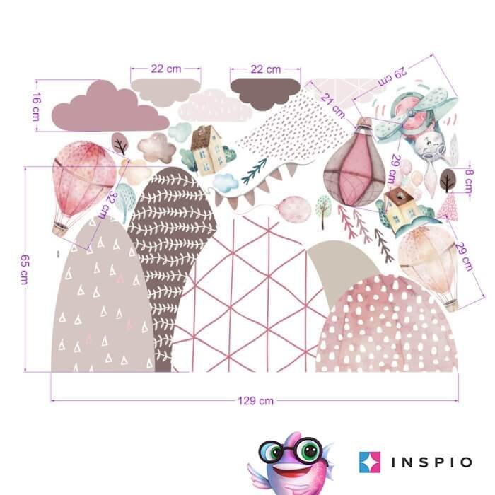 INSPIO samolepky na zeď – Kopce a balóny v růžovém