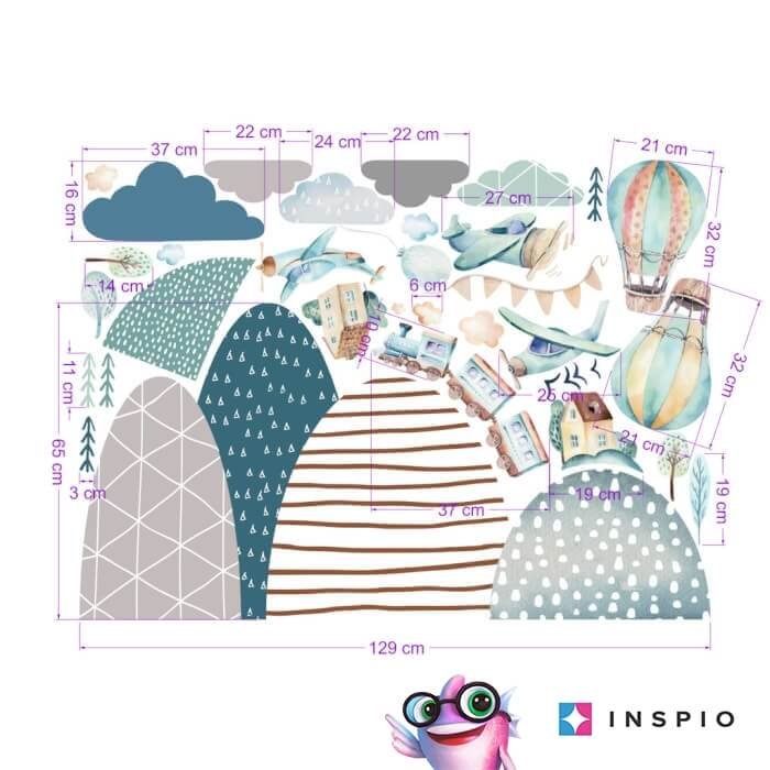 INSPIO samolepky na zeď pro děti – Kopce, letadla, balóny a vlak