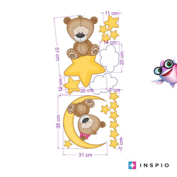 INSPIO dětské samolepky na zeď – Plyšoví medvídci s hvězdami a měsícem