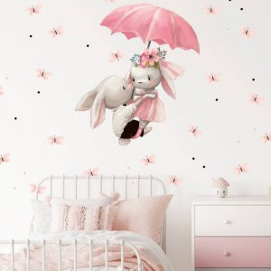 INSPIO samolepka na zeď pro děti - Zajíčci letící na deštníku