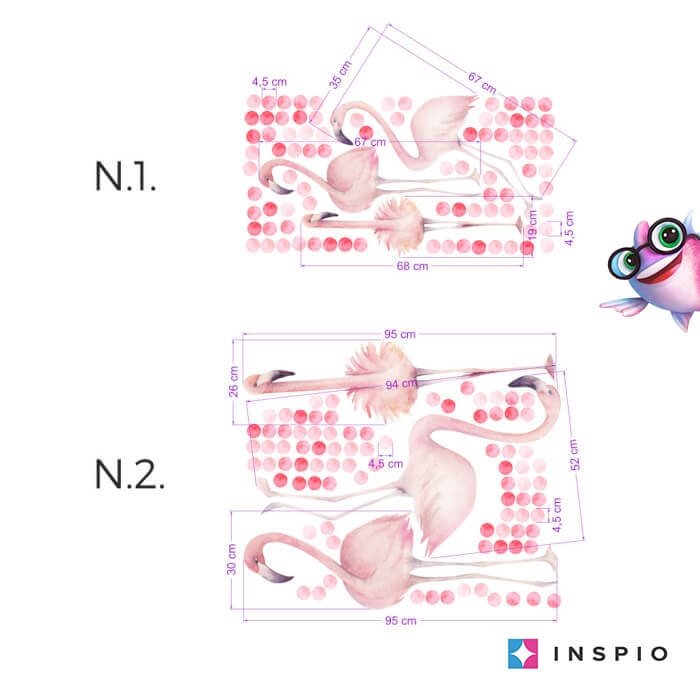 INSPIO dětské samolepky na zeď – Růžový plameňák s puntíky N.2 – Arch 100 × 90 cm