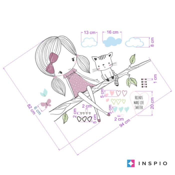 Samolepky do dětského pokoje – INSPIO víla na větvi s kočičkou ve fialovém provedení