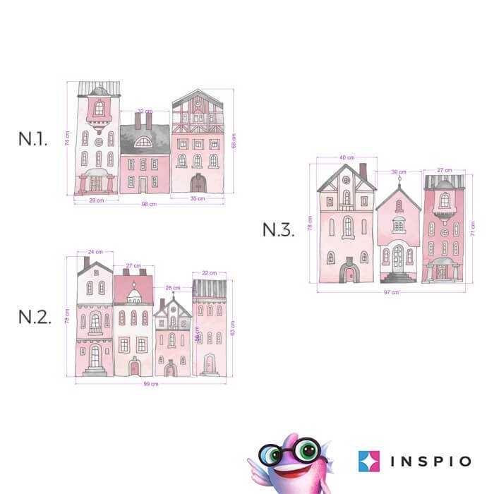 INSPIO samolepky na zeď – Růžovo-bílé domečky ve městě N.3