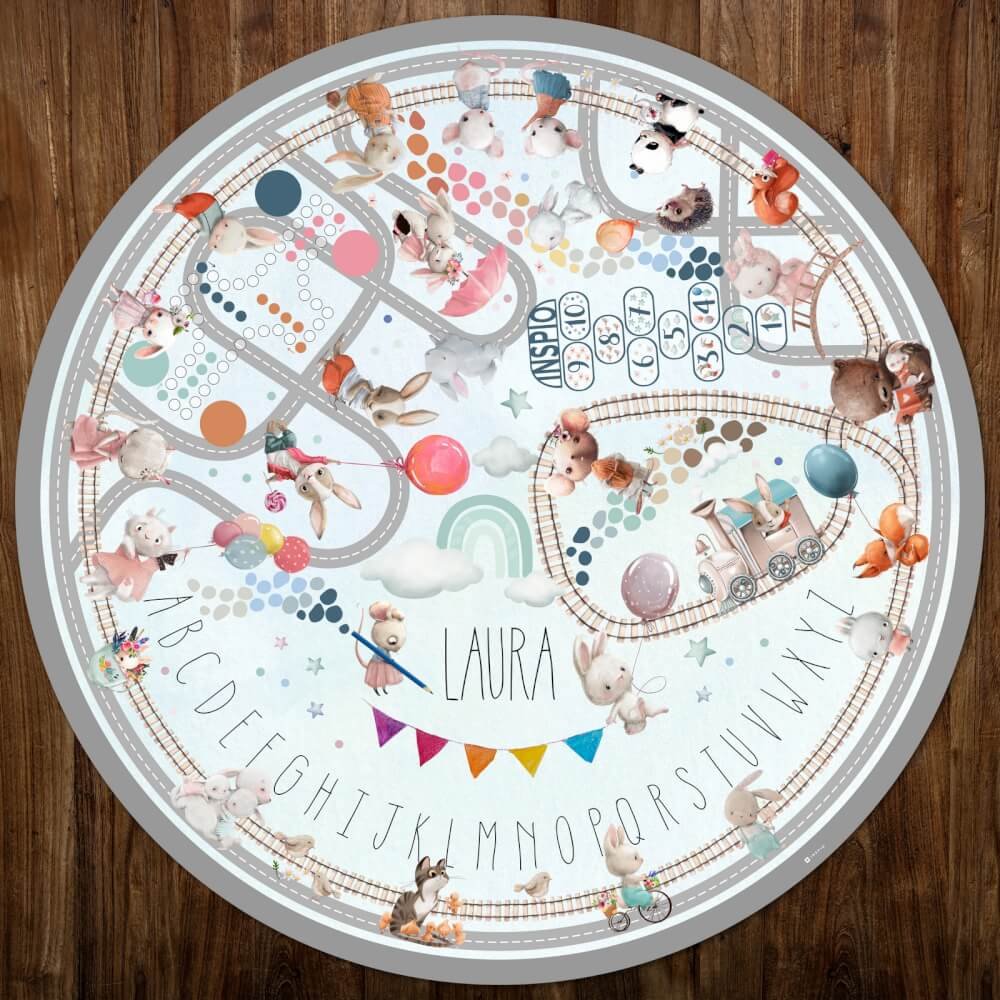 INSPIO hrací podložka pro děti na hraní s cestami a jménem - Akvarelové zajíčky