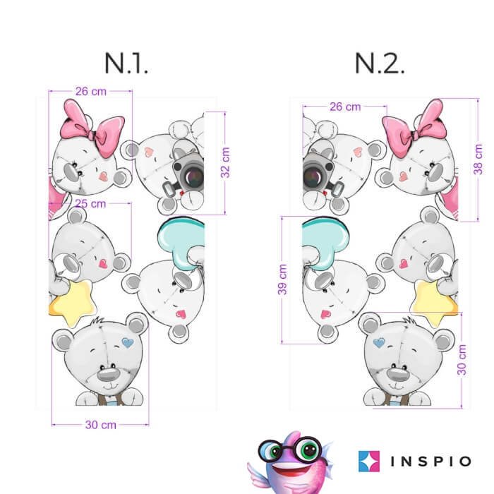 INSPIO dětské samolepky na zeď kolem dveří – Šedí plyšoví medvídci II N.1 – VPRAVO OD DVEŘÍ