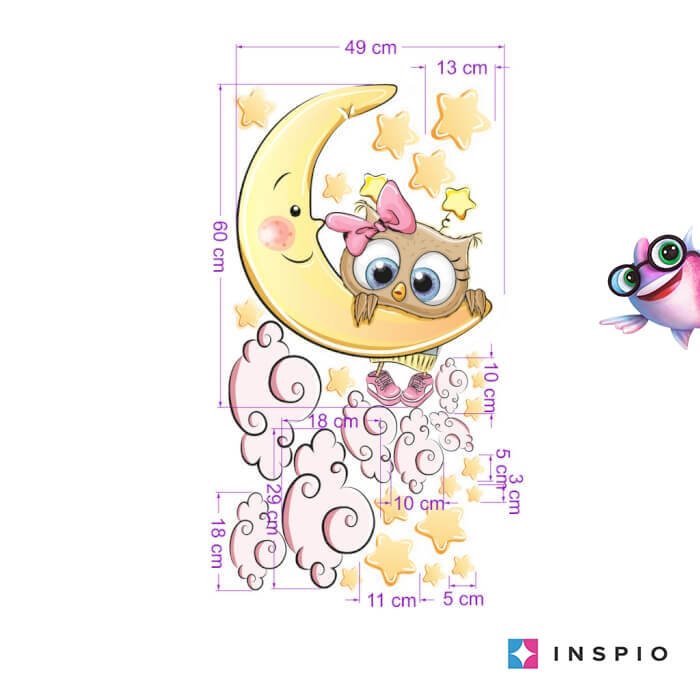 INSPIO samolepka na zeď – Růžová sovička na měsíci