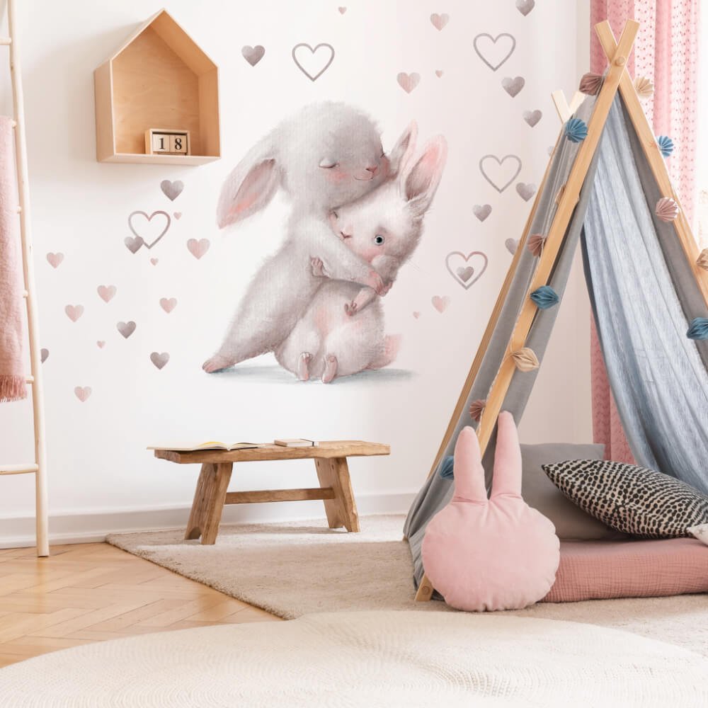 INSPIO samolepky na zeď do dětského pokoje - Zajíčci v objetí