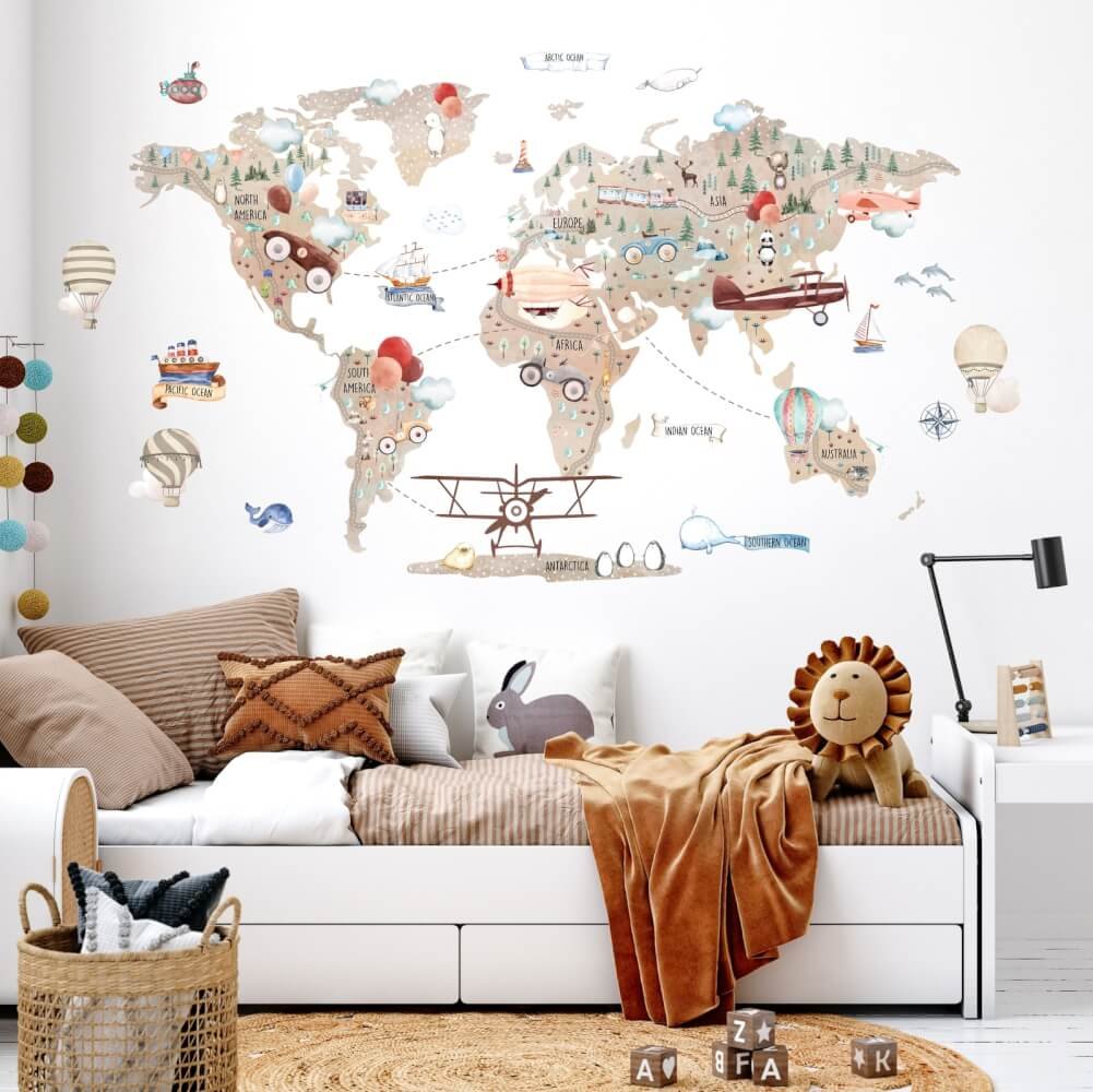 INSPIO dětské samolepky na zeď - Hnědá mapa světa pro malé dobrodruhy