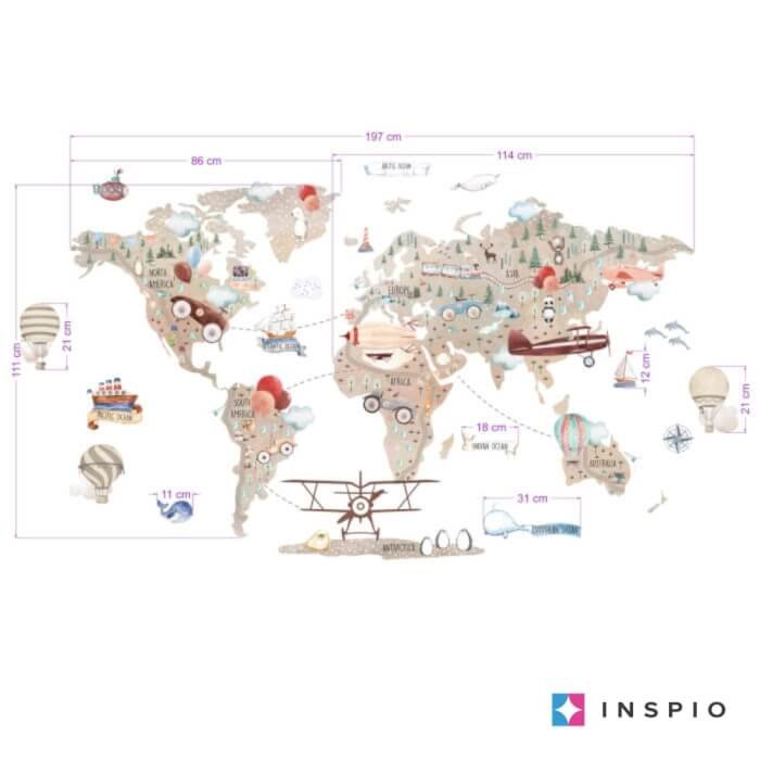 INSPIO dětské samolepky na zeď – Hnědá mapa světa pro malé dobrodruhy