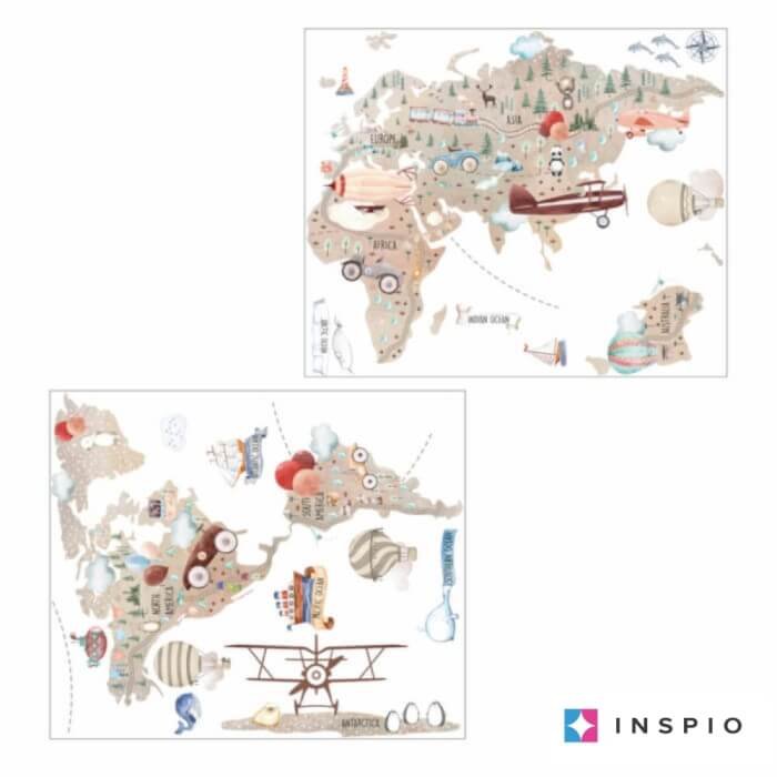 INSPIO dětské samolepky na zeď - Hnědá mapa světa pro malé dobrodruhy (obrázek 3)