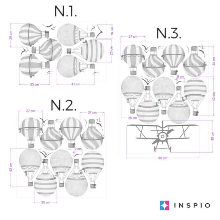 INSPIO samolepky do dětského pokoje – Šedé horkovzdušné balóny N.3. – Horkovzdušné balóny a letadlo