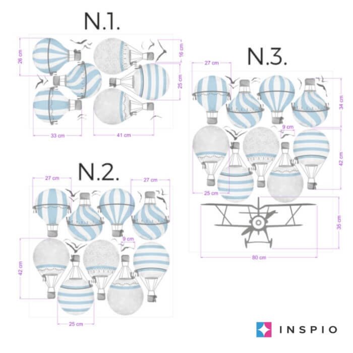 INSPIO dětské samolepky na zeď – Modro-šedé horkovzdušné balóny N.3.-Horkovzdušné balóny a letadlo
