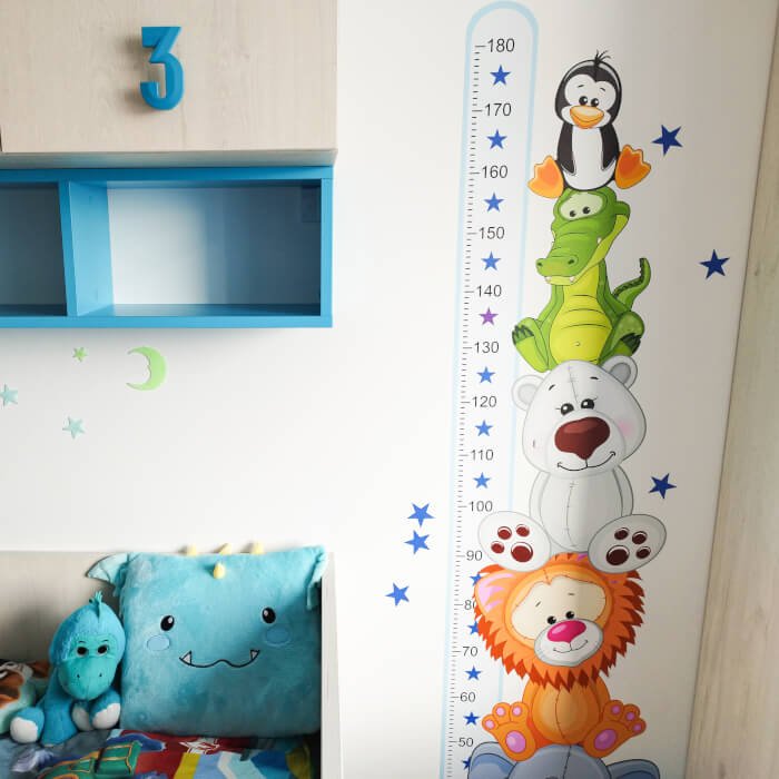 INSPIO dětské samolepky na zeď - Modrý metr s barevnými zvířátky (180 cm) (obrázek 3)