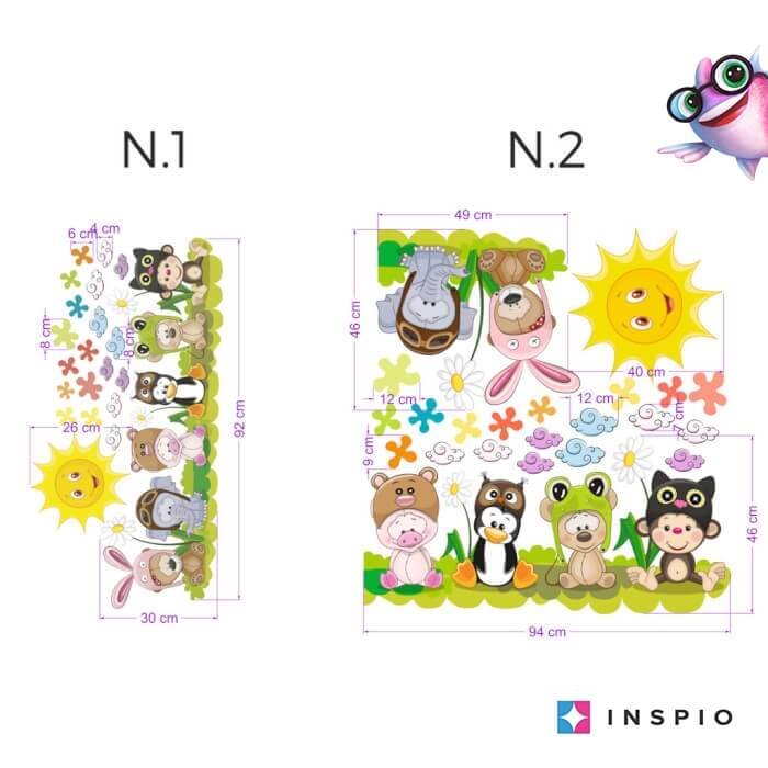 INSPIO dětské samolepky na zeď – Kamarádi na louce N.1 – 30 × 95 cm + doplňky