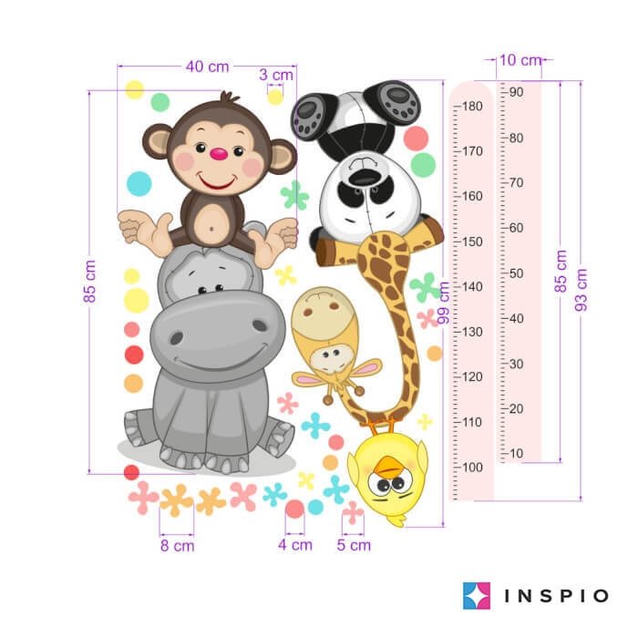 INSPIO samolepky na zeď pro holčičky – Růžový dětský metr s veselými zvířatky (180 cm)