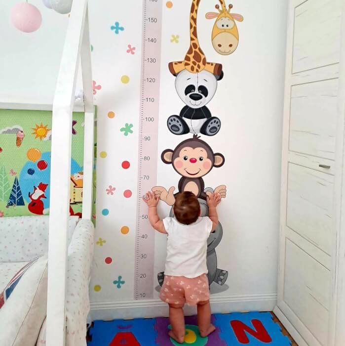 INSPIO samolepky na zeď pro holčičky - Růžový dětský metr s veselými zvířatky (180 cm) (obrázek 3)