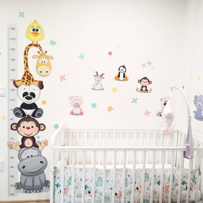 INSPIO samolepky na zeď pro holčičky - Růžový dětský metr s veselými zvířatky (180 cm) (obrázek 4)