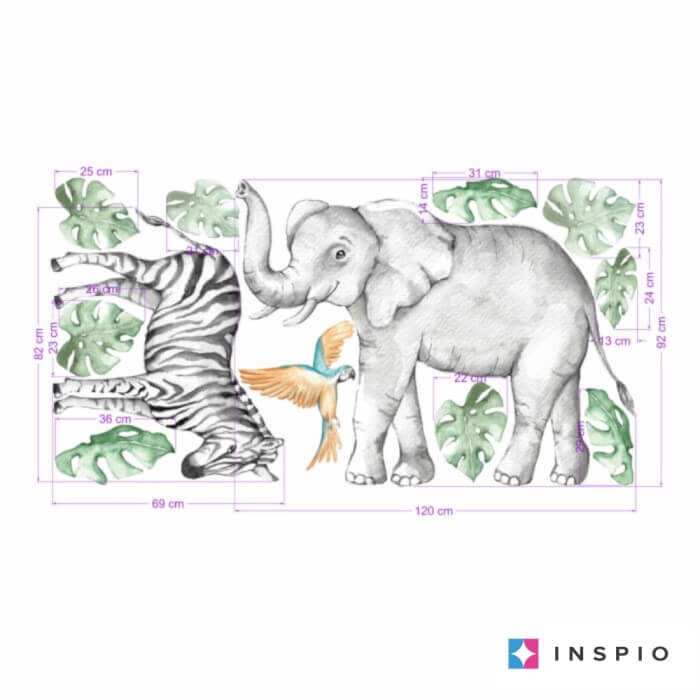 INSPIO dětské samolepky na zeď – Slon a zebra ze safari