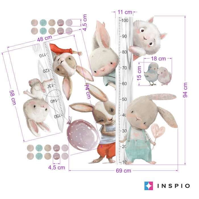 INSPIO dětský metr na zeď – Akvarelová zvířátka