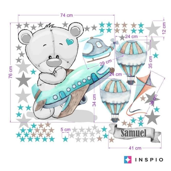INSPIO samolepky na zeď pro kluky – Medvídek s letadlem a balóny