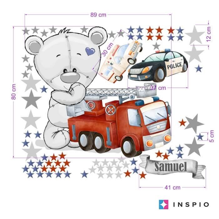 INSPIO samolepky na zeď pro kluky – Zásahová auta a medvídek do dětského pokoje