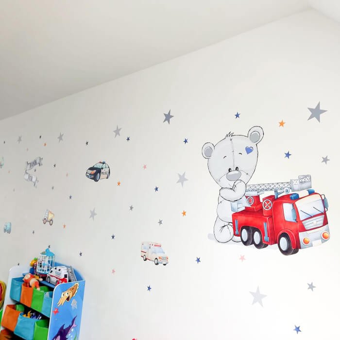 INSPIO samolepky na zeď pro kluky - Zásahová auta a medvídek do dětského pokoje (obrázek 3)
