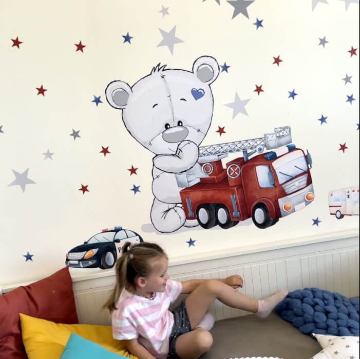 INSPIO samolepky na zeď pro kluky - Zásahová auta a medvídek do dětského pokoje (obrázek 4)