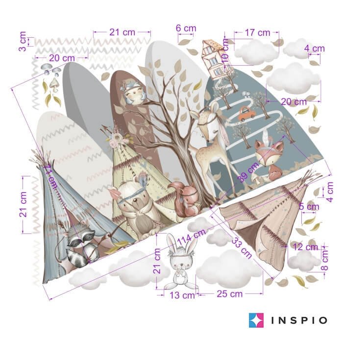 INSPIO samolepky na zeď pro děti – Kopce s lesními zvířátky