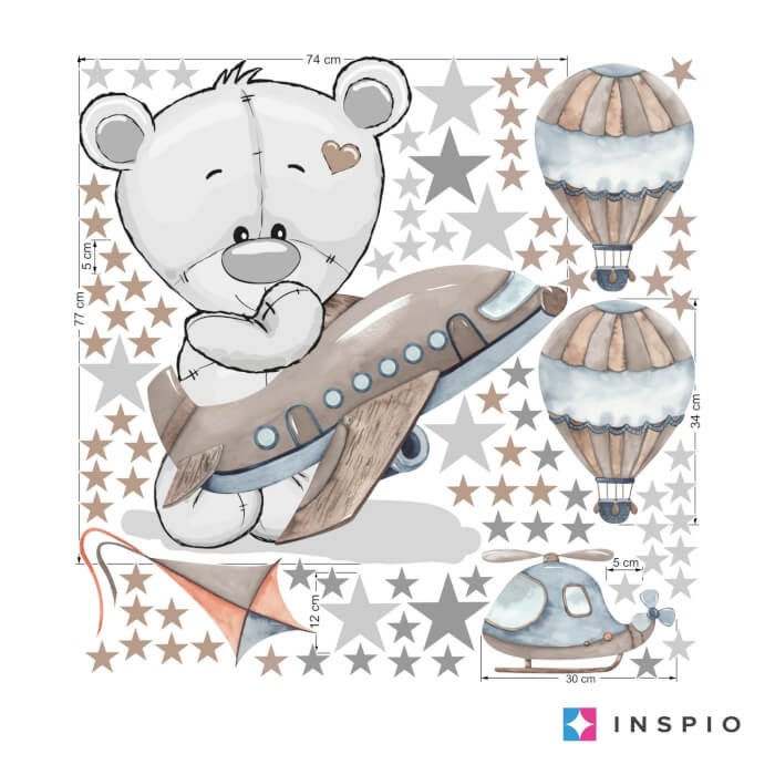 INSPIO samolepka pro kluky do chlapeckého pokoje – Medvídek s letadlem