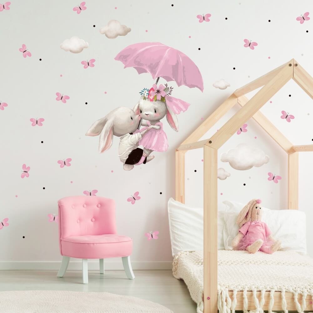INSPIO samolepka na zeď - Zajíci letící na růžovém deštníku