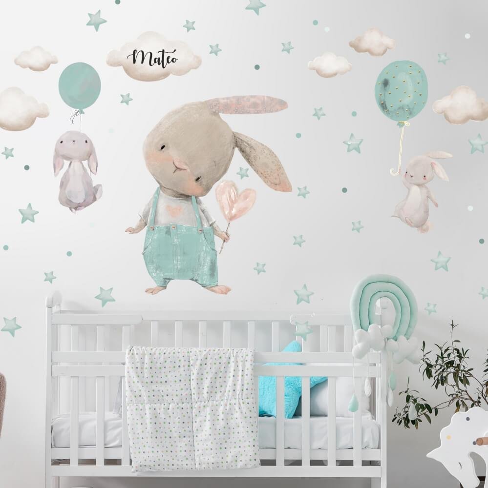 INSPIO samolepka nad postýlku - Zajíčci s hvězdami a balony