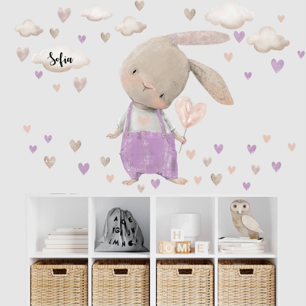 INSPIO nálepka pro holčičku - Fialový zajíček se srdíčky a jménem
